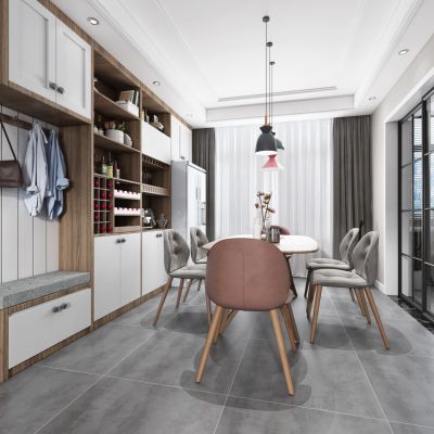 北欧客厅餐厅，沙发，电视柜，餐桌椅，吊灯，装饰画