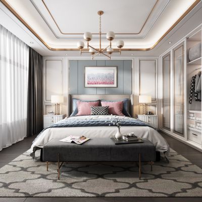 现代轻奢卧室，床，装饰画，吊灯，衣柜