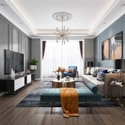 现代轻奢客厅餐厅，沙发，餐桌，电视柜，吊灯，装饰柜，装饰画