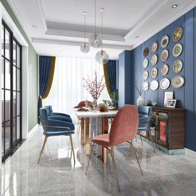 后现代混搭客厅餐厅，沙发，餐桌，电视柜，吊灯，装饰画