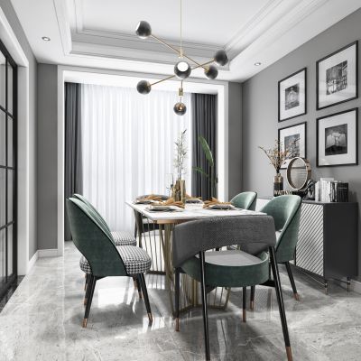 现代轻奢客厅餐厅，沙发，餐桌，电视柜，吊灯，装饰画