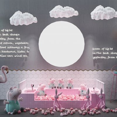 现代网红美陈背儿童公主景墙海洋球小猪佩奇气球云朵吊灯火烈鸟
