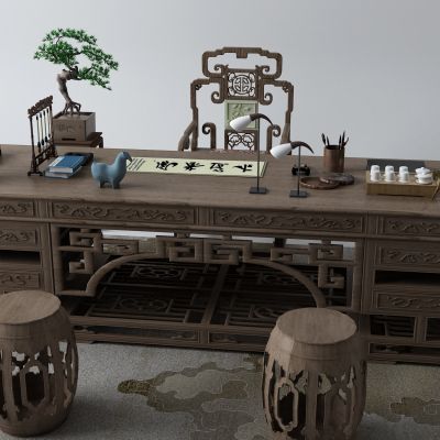 新中式书桌 大班台 盆栽