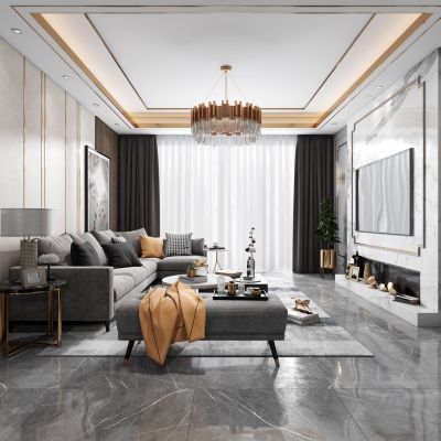 现代轻奢客厅餐厅，沙发，餐桌，电视柜，吊灯，装饰画