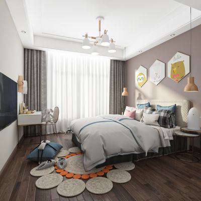 儿童房，儿童床床，装饰画，书桌，衣柜，吊灯，吊线灯