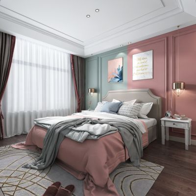 女孩房，儿童房，女孩房 ，床，装饰画，衣柜，吊线灯