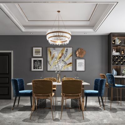 现代轻奢黑白灰客厅餐厅，沙发，餐桌，电视柜，吊灯，装饰画