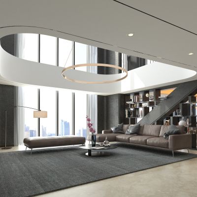 后现代别墅 客厅 真皮沙发