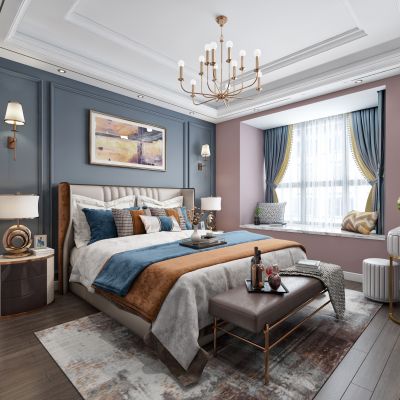 现代轻奢卧室，床，电视，窗帘，装饰画