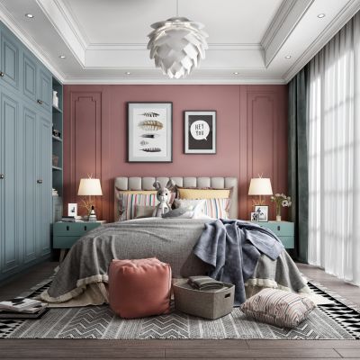 现代北欧卧室，儿童房，女孩房 ，床，装饰画，衣柜，吊灯