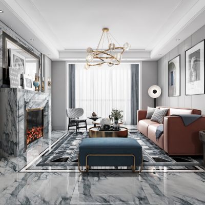 现代轻奢客厅餐厅，沙发，餐桌，电视柜，吊灯，装饰画