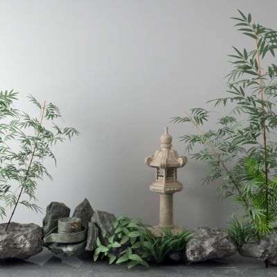 新中式景观小品 石头 竹子 石灯