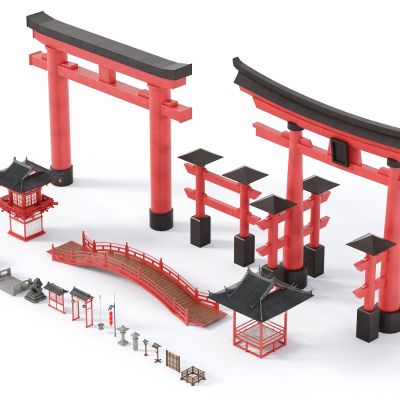 古建筑小品，古城建筑，日式古建筑，中式小品，古桥，中式拱门