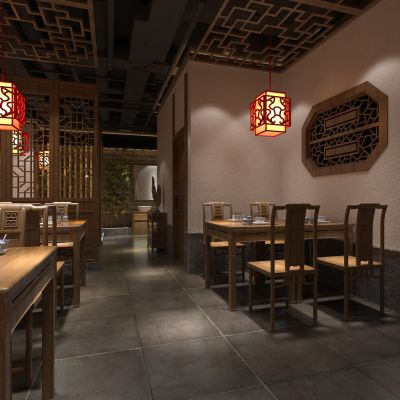 新中式餐厅 餐桌 卡座 吊灯 船