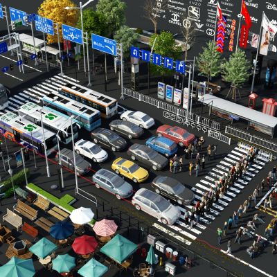 室外小品，户外小品，道路小品，汽车，树木，景观小品