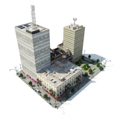 建筑，建筑配楼，裙楼，城市街道，建筑配件，街道小品，道路设施，天台配件