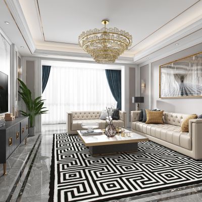 现代轻奢客厅餐厅，沙发，餐桌，电视柜，吊灯，装饰画