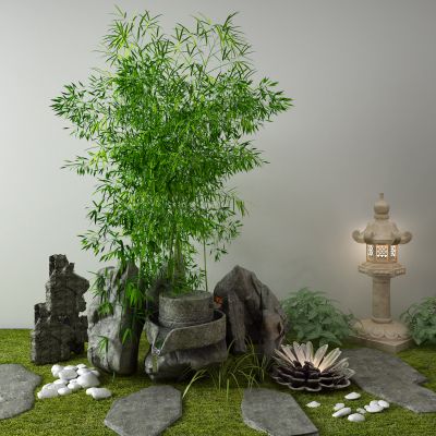 新中式景观小品 竹子 石磨