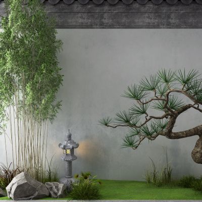 新中式景观小品 竹子 松树 石