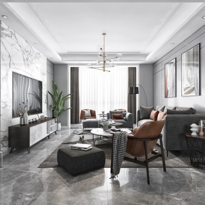 现代黑白灰客厅餐厅，沙发，餐桌，电视柜，吊灯，装饰画