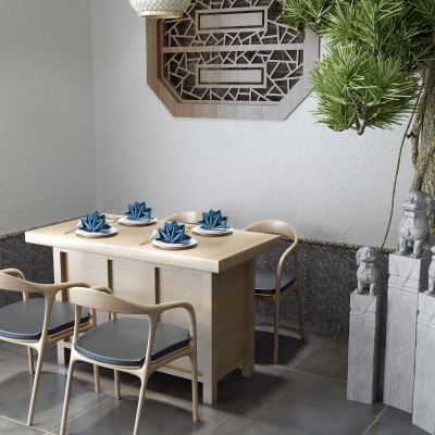 中式餐桌 吊灯 松树 石狮子