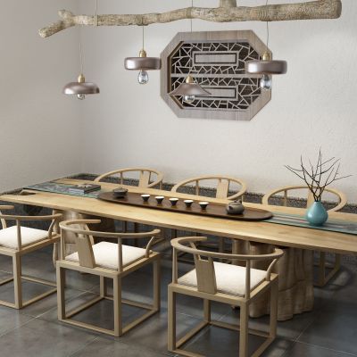 中式茶桌 吊灯 镂花窗