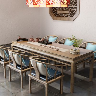 中式餐桌 茶桌 吊灯 镂花窗