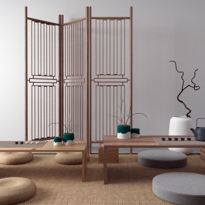 新中式茶桌 地毯 坐垫 隔断