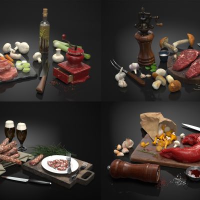 现代食品，食材组合，蘑菇，香菇，肉食，香肠，牛肉