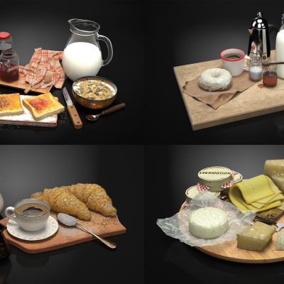 现代食品，食物组合，面包蛋糕，甜品饮料，美食熟食，餐饮组合