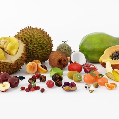 现代水果组合，榴莲，哈密瓜，木瓜，椰子，苹果，香蕉，桃子
