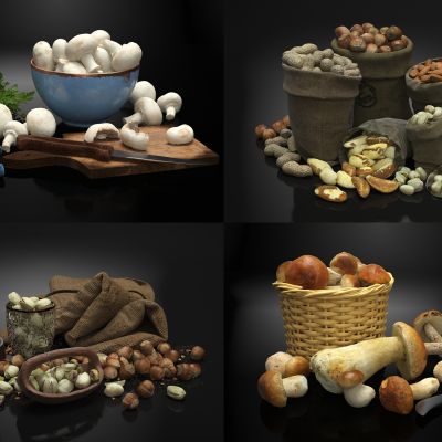 现代食品，食材组合，蘑菇，香菇，坚果，板栗，花生