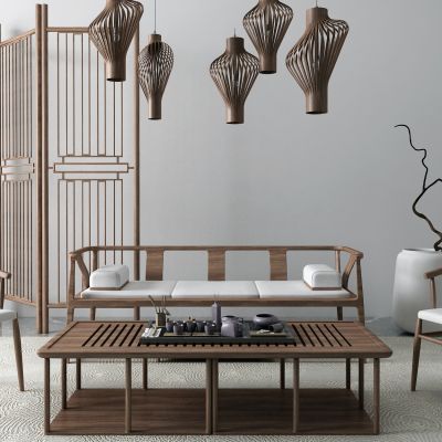 新中式沙发茶几 吊灯 隔断