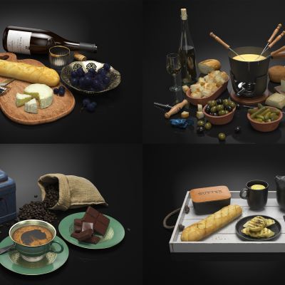 现代食品，食物组合，面包蛋糕，甜品饮料，美食熟食，餐饮组合