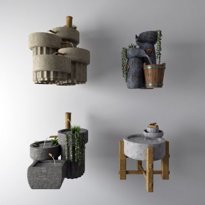 中式流水 石磨 景观小品