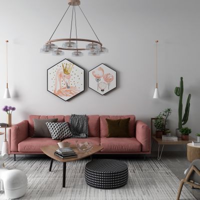 北欧沙发茶几 挂画 吊灯