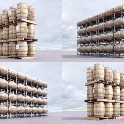 现代仓库配套，仓库货架，货柜，货物，货箱，水桶，木桶，酒桶