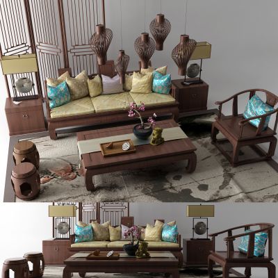 新中式实木沙发 吊灯 隔断