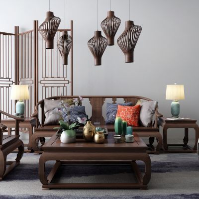 新中式实木沙发 吊灯 隔断