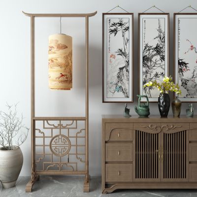 新中式边柜 落地灯 挂画 