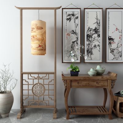 新中式边柜 落地灯 挂画 