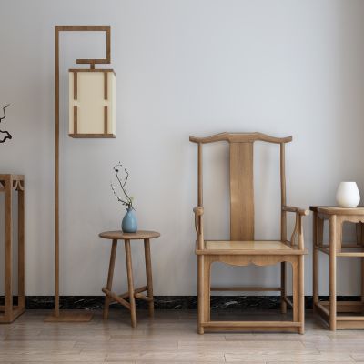 新中式扶手椅 落地灯 花几