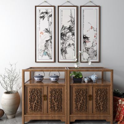 中式边柜 挂画 盆栽