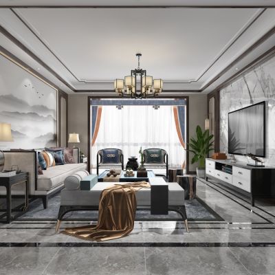 新中式客厅餐厅，沙发，电视柜，餐桌，吊灯，装饰画