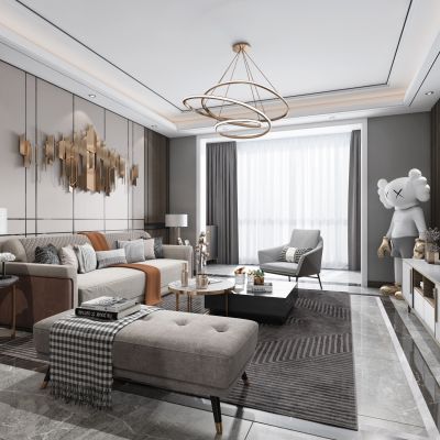  现代客厅 餐厅 沙发 餐桌 电视柜 吊灯 装饰画