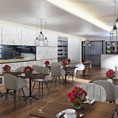 现代餐厅，西餐厅，餐桌椅组合，酒店餐饮，吧台，桌椅组合，酒柜，酒架