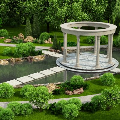 现代园林，园林景观，树木，花草灌木，景观小品，庭院小品，庭院景观