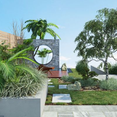 现代园林，园林景观，树木，花草灌木，景观小品，庭院小品，庭院景观