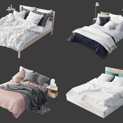 现代床具组合，双人床，床具组合，单人床，绒布双人床，实木双人床