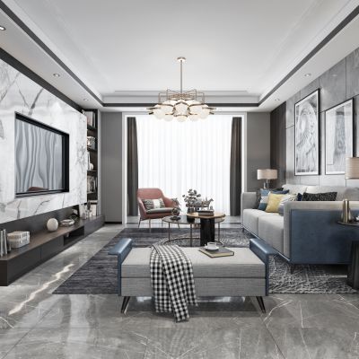 现代客厅餐厅，沙发，餐桌，电视柜，吊灯，装饰画